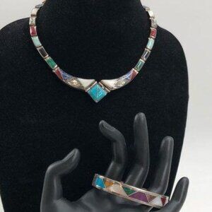 Vintage MEXICO 950 Sterling Natural Stone Inlay Bracelet and Necklace Set